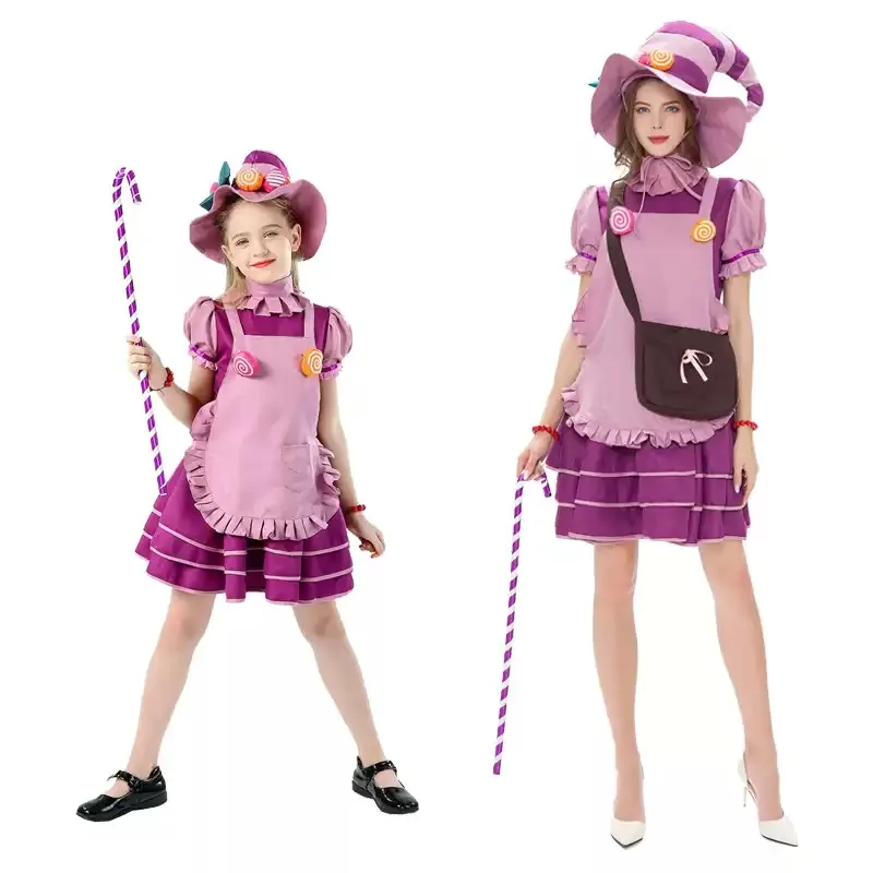 Candy Witch Cosplay Costume Set with Hat Apron Scarf Bracelets Crossbody Bag for Adults Kids Halloween Role‑Play Fancy Dress‑Up