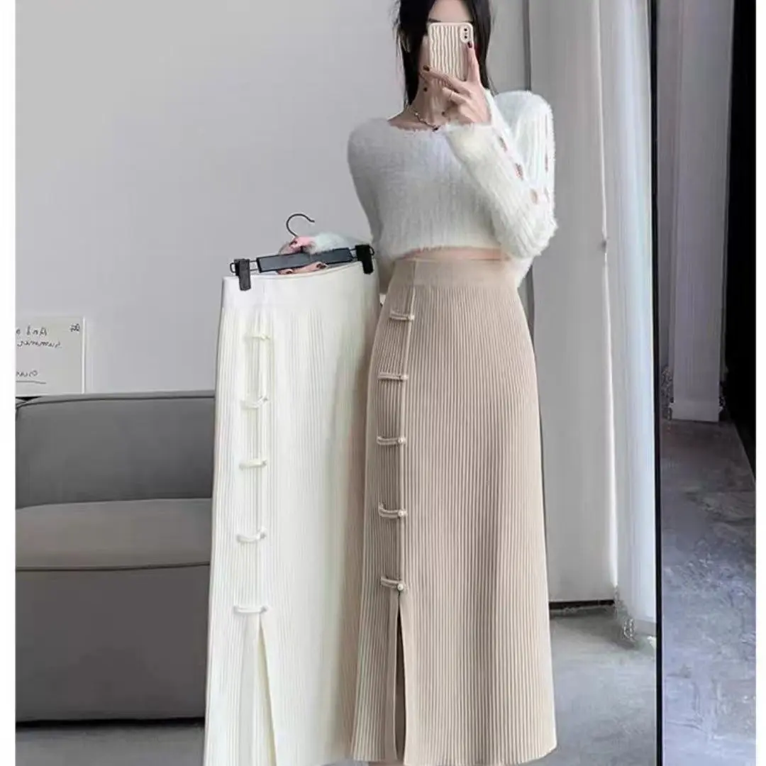 

Женская трикотажная юбка с пряжкой в китайском стиле, прямая облегающая трапециевидная юбка средней длины с разрезом на бедрах