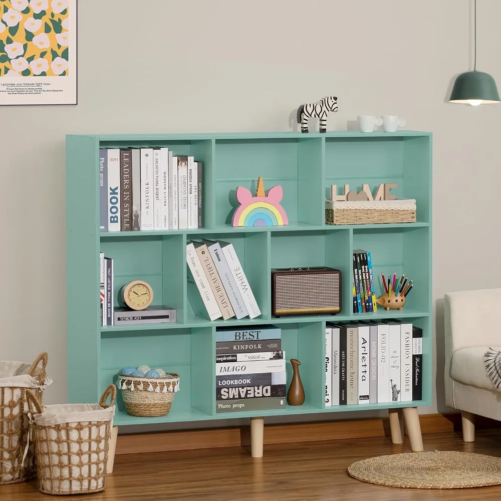 

10 Cube Bookshelf,3 Tier Modern Wide Bookcase with Legs, Mid-Century Wood Bookshelves Storage, Mint-Green Large Book, Customized