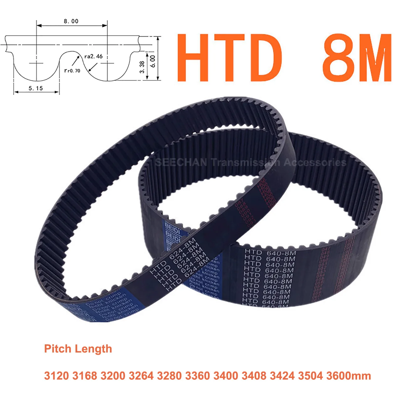 HTD 8M Rubber Closed Synchronous Timing Belt Width 15 20 25mm Perimeter 3120 3168 3200 3264 3280 3360 3400 3408 3424 3504 3600mm