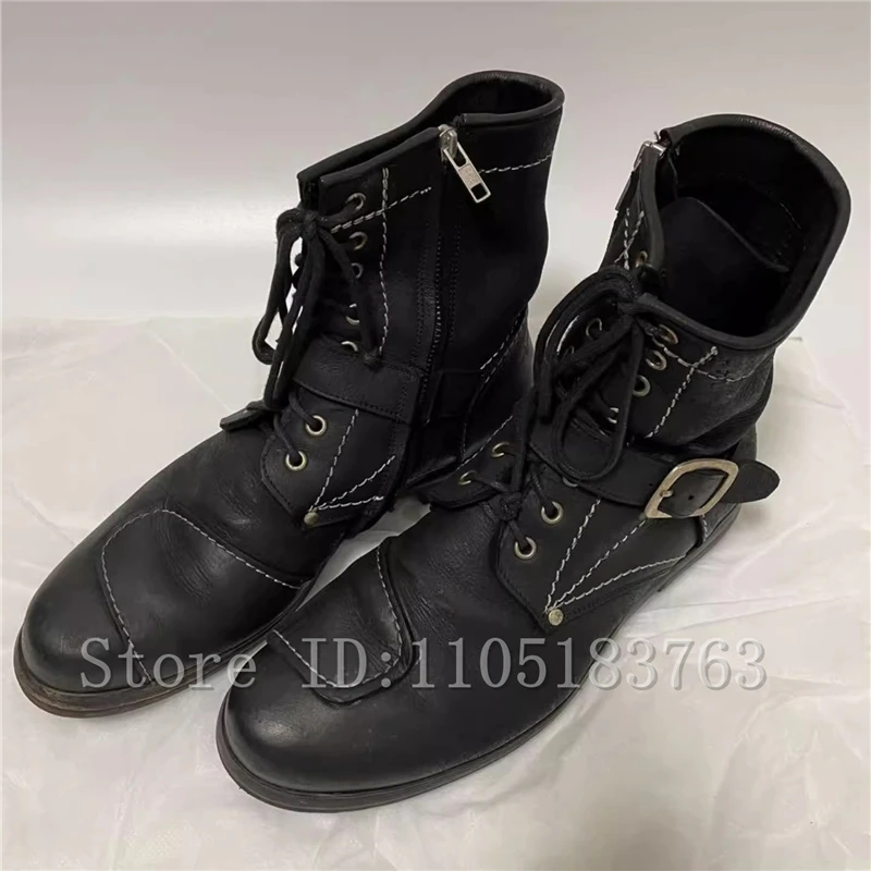 

Мужские новые черные кожаные короткие ботинки с нишевым дизайном, круглый носок, пряжка ремня, крутые ботильоны на шнуровке с боковой молнией
