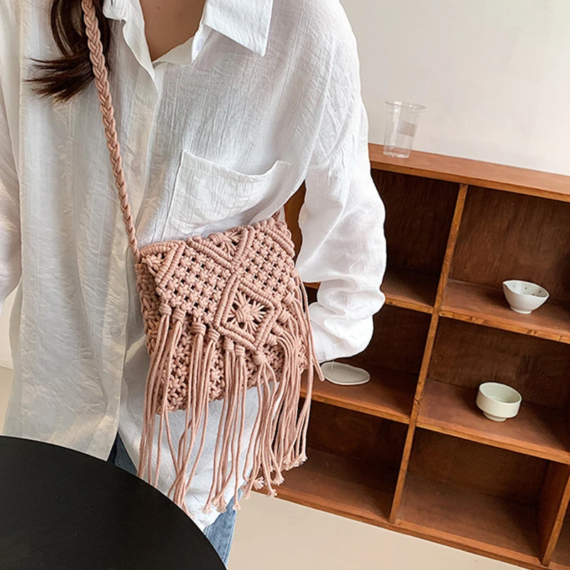 Neue Strohs ack böhmische Quaste Strand tasche Frauen häkeln Fransen Cross body ultraleichte Umhängetasche Frauen kleine Bolsos Feminina – Detail 25