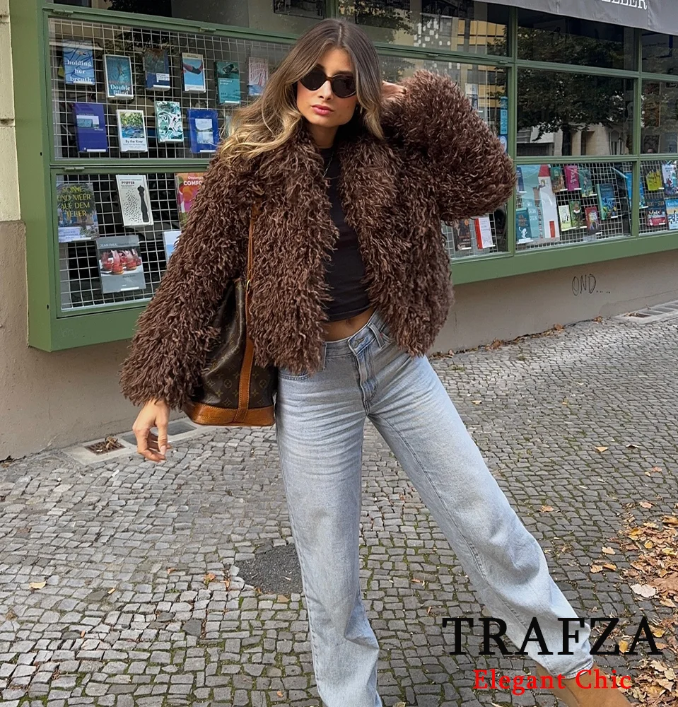 TRAFZA Women Fall Winter Teddy Shaggy Coat Vintage Lapel Luxury Jacket Coat New 2024 Fall Winter Fashion Retro Loose Fleece Coat