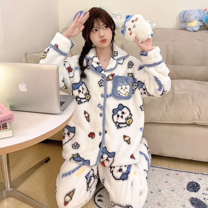 2024 Winter New Chikawa Flannel Warm Pajamas Hachiware Cartoon Print Anime Kawaii Thickened Lapel Cardigan Womens Home Clothes