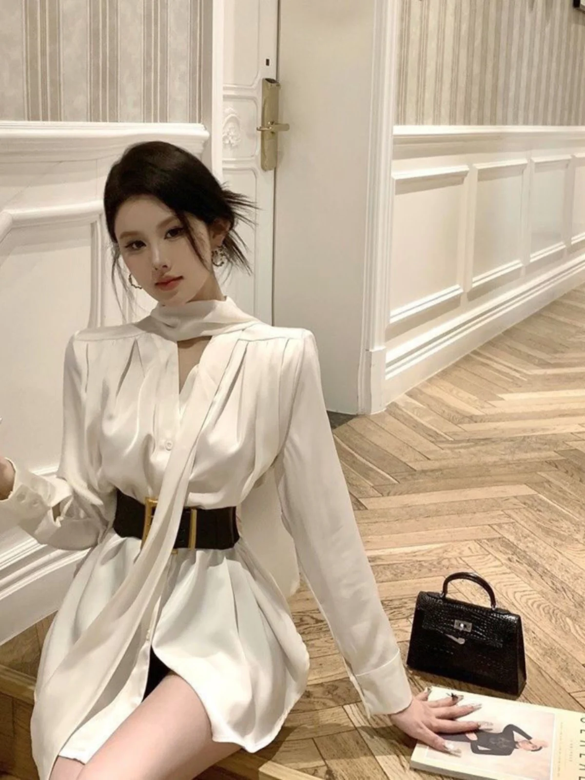 

Thiened Fce V-ne Bell irt Женские свободные утягивающие брюки High-ade Gentle Sle Long Sve на пуговицах средней длины Pure Color