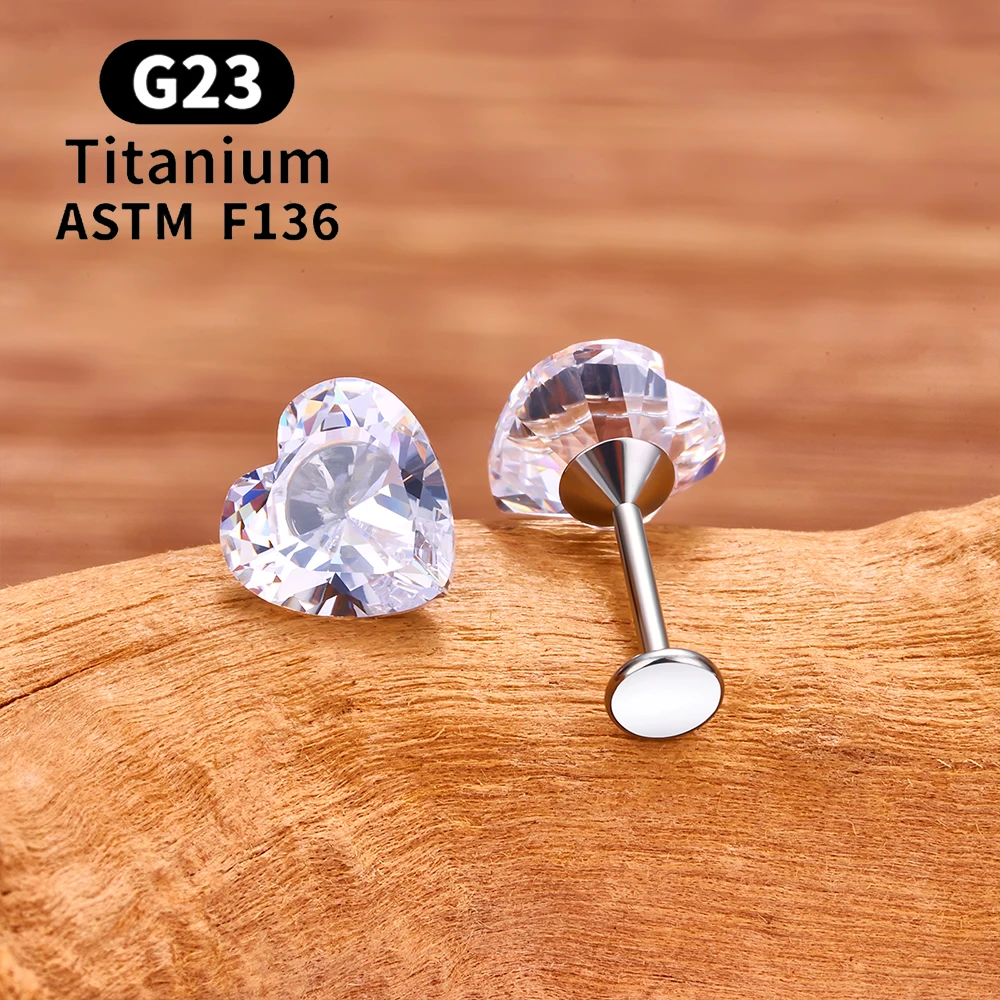 G23 Titanium Heart-shaped Stud Earrings for Women Girl 16G CZ Pin Type Labret Lip Ring Nose Ear Cartilage Tragus Body Jewelry