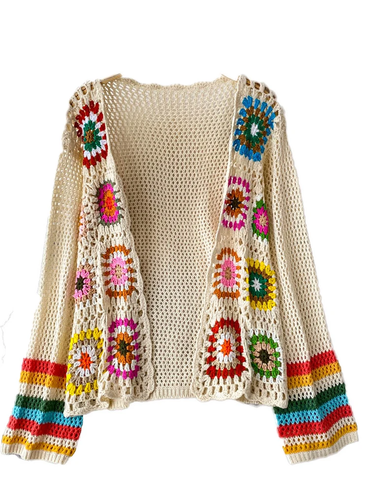 

Retro Knitted Long Sve Open Cardigan Women's Summer Casual Loose Slimming Top Floral Lace Hollow out Design Sun Protection...