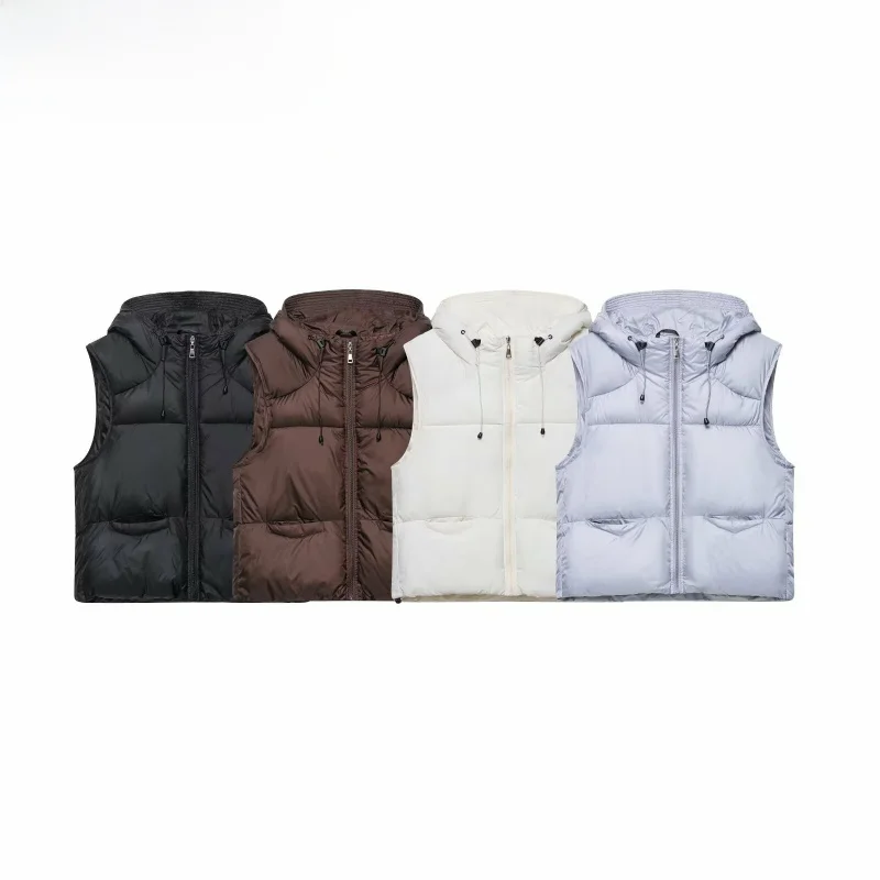 

Faionable Loose Women's Cotton down Jaet Vest 2025 Autumn Winter New Arrival Hooded All-Match Sle Pure Color BB-6760