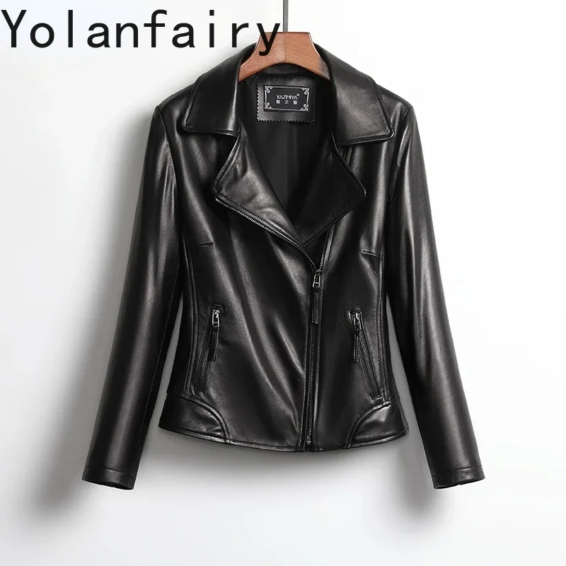 YOLANFAIRY المرأة جاكت للربيع 100% معطف جلد الغنم للنساء سترة جلدية حقيقية امرأة دراجة نارية نمط ملابس امرأة لينة