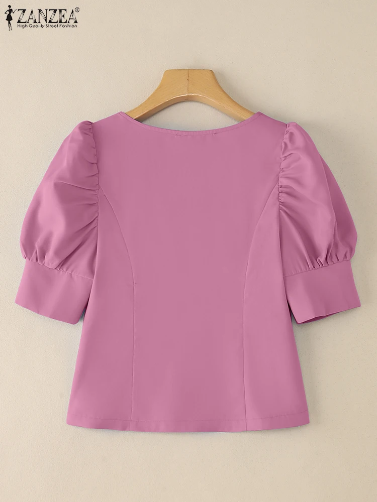 ZANZEA Elegant Women's Slim Fit Short Blouses Romantic Heart-Shaped Neckline Short Puff Sleeve Side Zipper Solid Color Tops 3XL