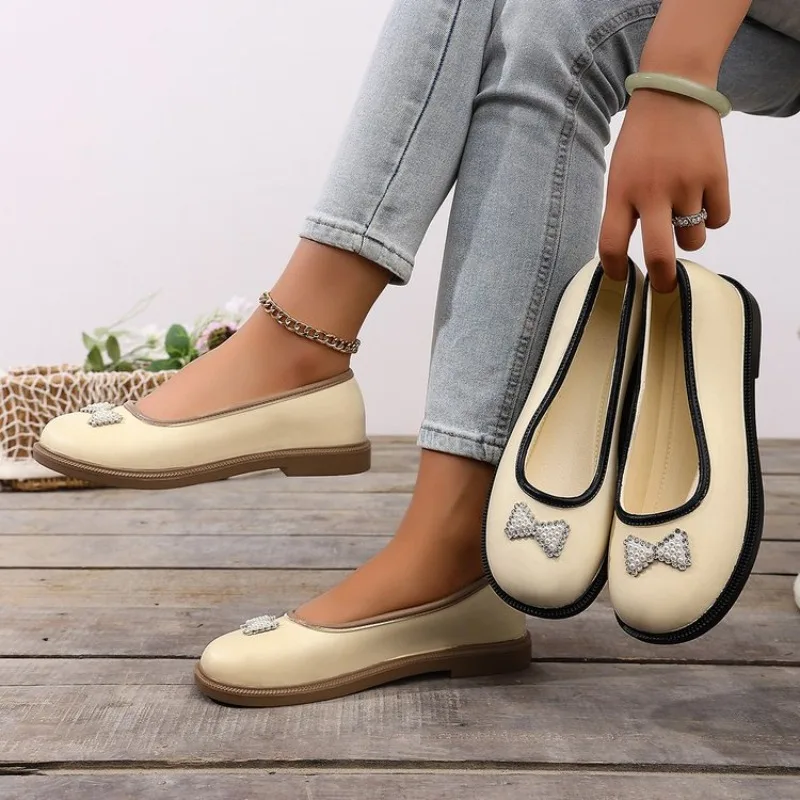 

Women Fashion Slip on Loafers Sparkly Rhinestone Bow Round Toe Ballet Flats Casual Comfort Daily Everyday Walking Shoes Ladies
