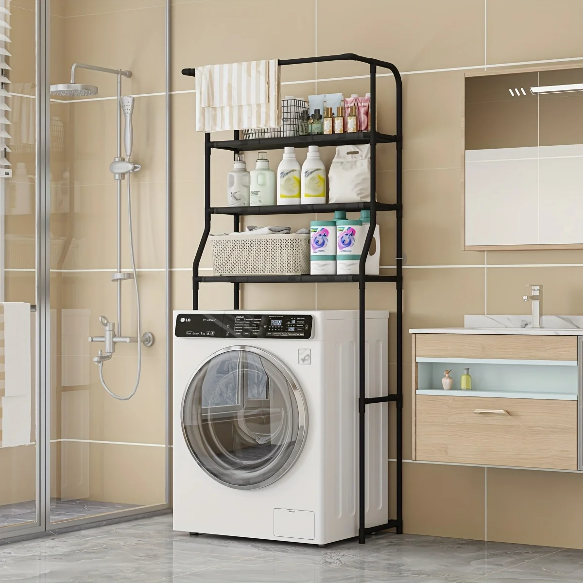 Badezimmer-Toilettenregal, Balkon-Waschmaschinenregal, Mehrstöckiges Metallregal mit Toilettenpapierhalter