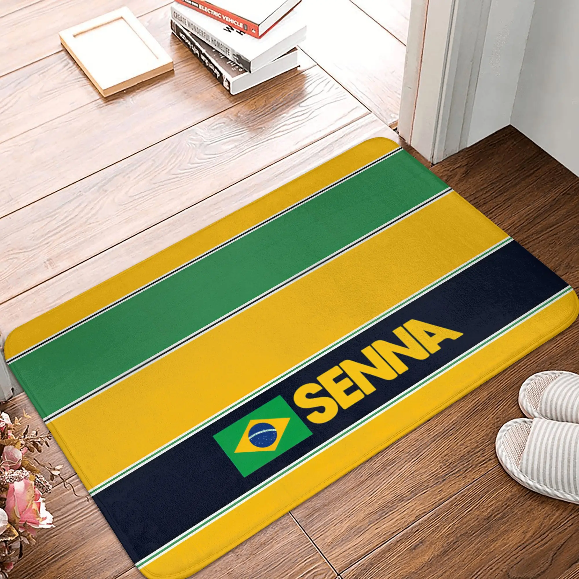 VIKAMA Ayrton Senna Signature Doormat,Non‑Slip Brazil Flag Stripe Floor Rug,F1 Racing Legend Decor Mat for Entryway Bedroom Rug view 4