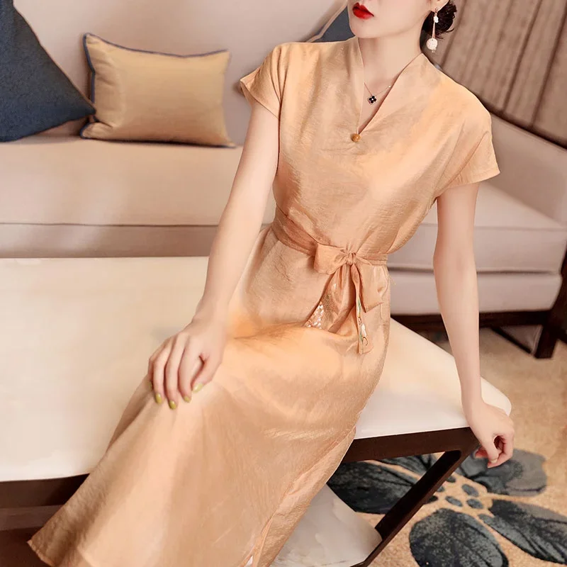 Beige Bright Chinese Dress 2024 Summer Cheongsam Vietnam Commercial Dress dress Vintage Woman Chinese Dress Qipao 10171