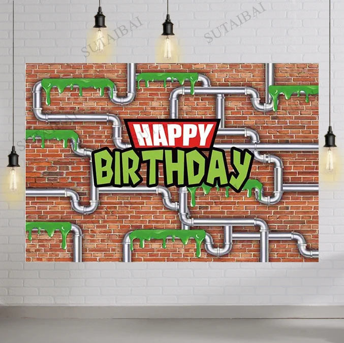 Anime Kids Birthday Party Backdrop Cartoon Red Brick Wall Water Pipe Ninja Tortoise Boy Newborn Baby Shower Kids Background