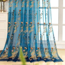 Korean Style Countryside High-end Embroidered Blue Transparent Gauze Curtains For Luxury living Room Bedroom Window Curtains