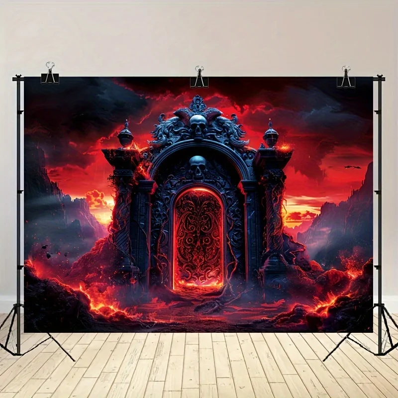 بوابة الجمجمة الغامضة. خلفية مع بوابة قوطية داكنة وأشواك وضوء أحمر جحمي وسحب ونيران.