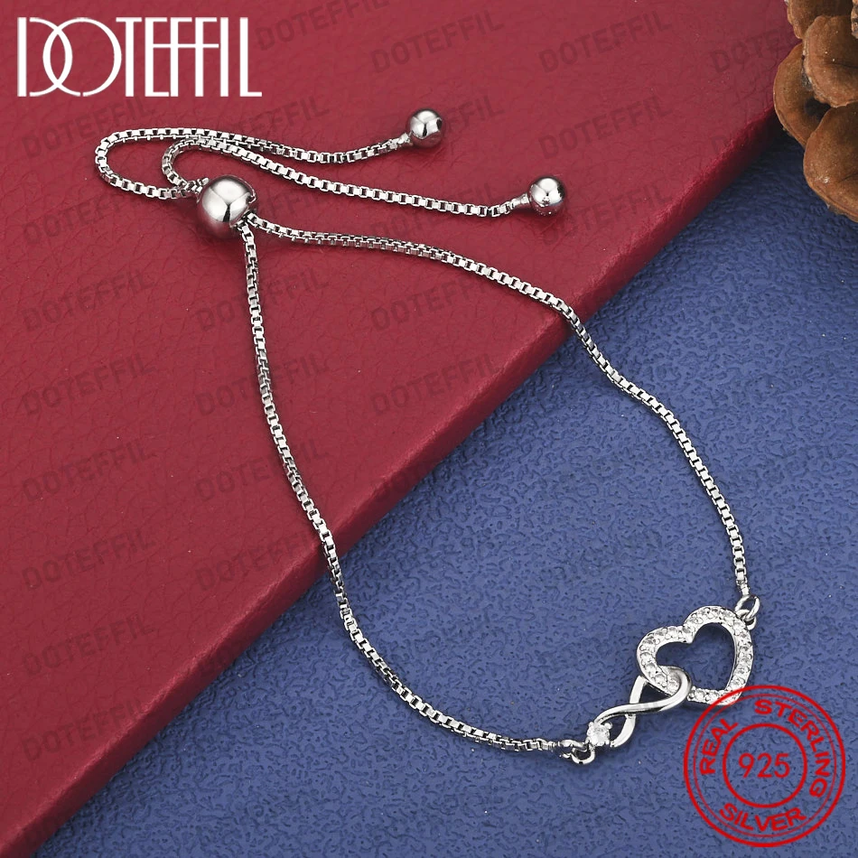 

DOTEFFIL Adjustable 925 Sterling Silver Chain Crystal Heart Bracelet - Fashionable -Style Women Jewelry Accessory