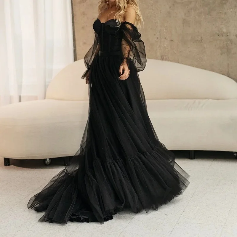 Sexy Embroidered Gauze Strapless Evening Dress With Shoulder Clip-On Heart-Shaped Collar Floor-Length Cocktail Dress