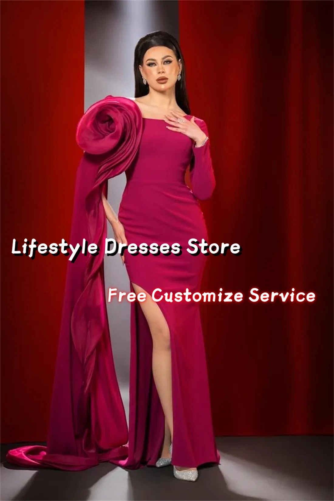 Customized Crepe Long Sleeve Cape Prom Dresses Side Slit Saudi Elegant Flower Evening Dresses Party Gown Formal Occasion Dress