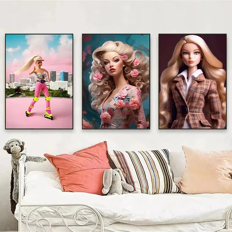 أزياء الكرتون الوردي B-Barbie فتاة الملصقات دمية جميلة يطبع قماش الطباعة جدار صورة فنية للفتيات غرفة نوم ديكور المنزل هدية #2