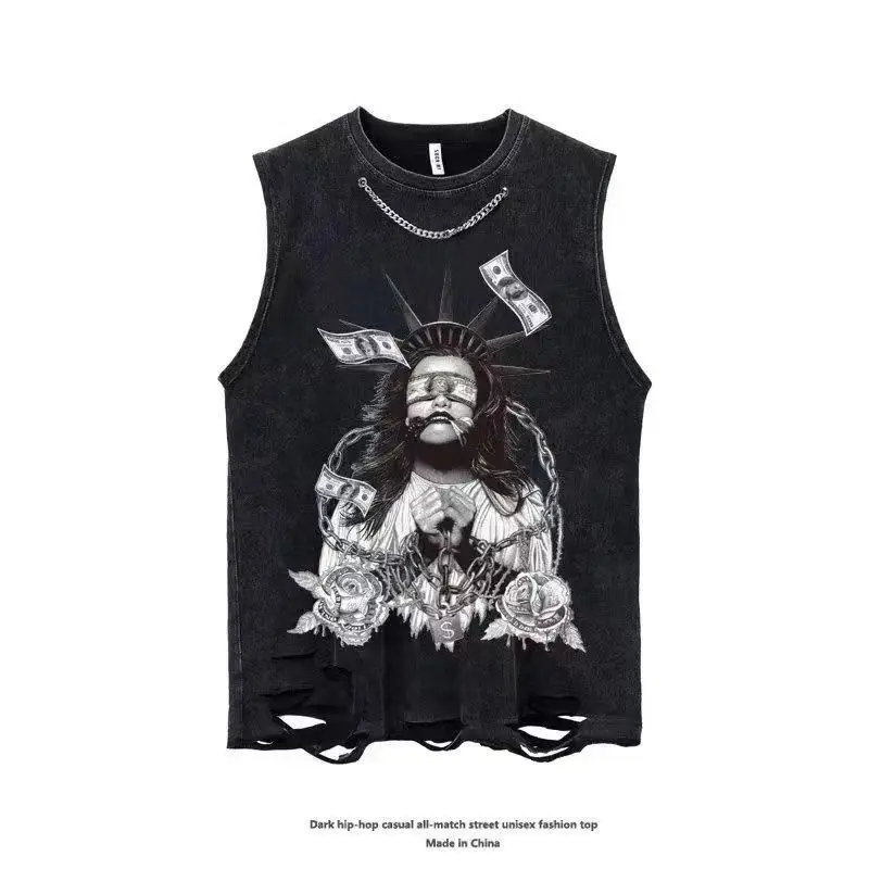 

Y2K Summer Men Clothing USA Style Street Spoof Print Cotton Vest Sleeveless T-shirt Man Casual Sports Fitness Tank Top Techwear