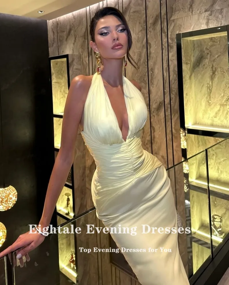 Robe de soirée arabe de quatre-quarts, col licou, personnalisée, en mousseline de soie, plis jaunes, sirène, robe de bal de mariage