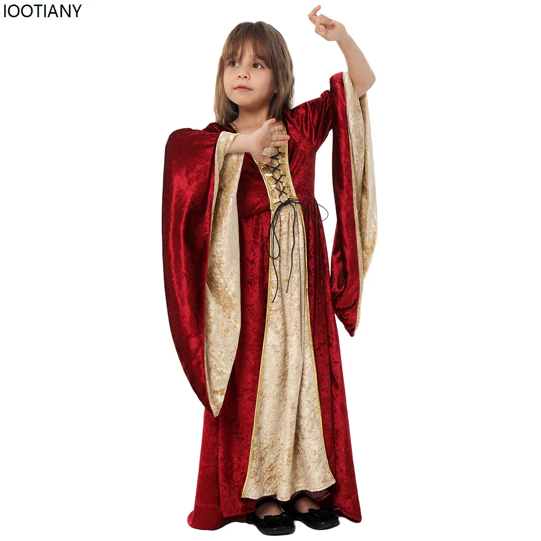 Kids Medieval Renaissance Vintage Dress Halloween Girls Aristocratic Miss Cosplay Costume Carnival Square Neck Bundle Waist Suit