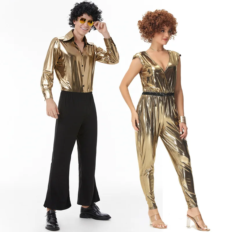 2025 Nieuwe Halloween Kostuum Volwassen Retro Hippie Jaren '70 Disco Goud Paar Nacht Outfit Vrouwen Etnische Slijtage Toneelkostuum