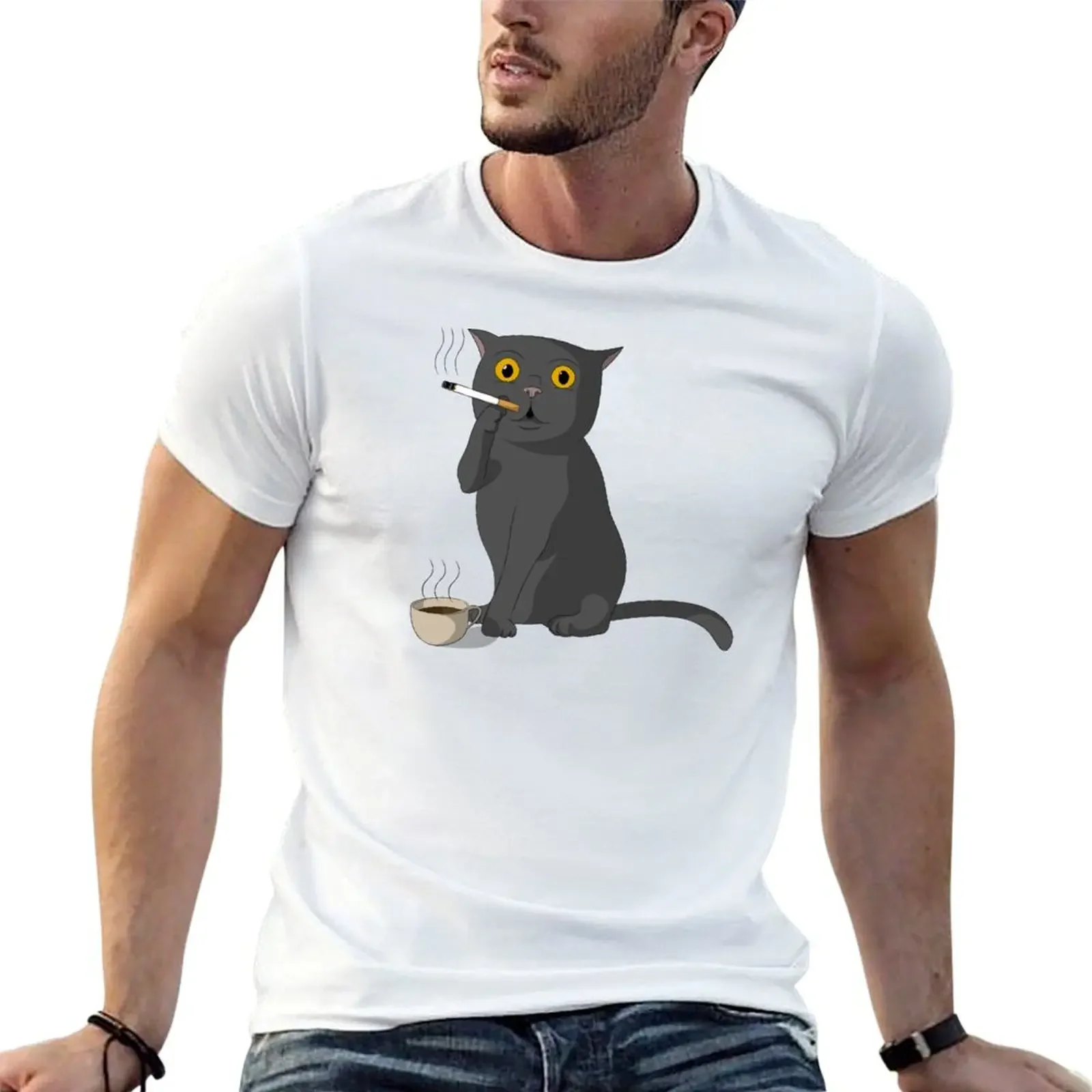 

Cigarette smoking Coffee drinking Cat illustration T-Shirt plus size tops man clothes cute clothes vintage t shirt men