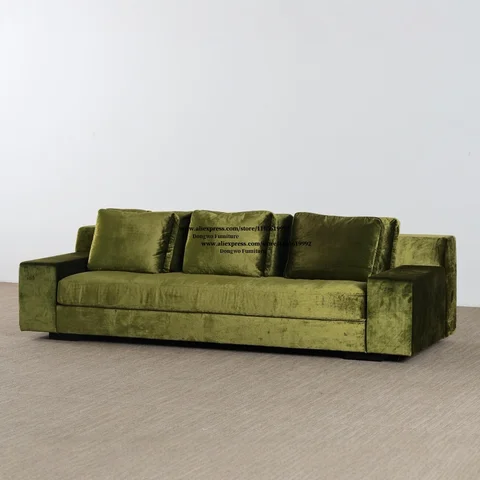 Retro olive green velvet square armrest three person sofa minimalist living room light luxury straight row fabric sofa