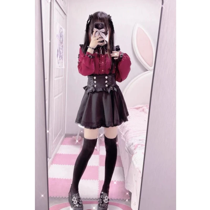Rote Spitze Oulder Bared Long Sve irt und Rock mit hoher Taille, japanisches Sle orm Outfit k Series School orm