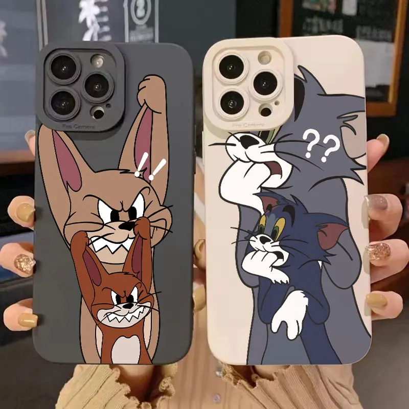 Cute T-Tom And J-Jerry Angry Cartoon Matte Phone Case For iPhone 16 15 14 11 Pro Max 13 12 Mini XR X SE2 7 8 16 Plus Soft Cover