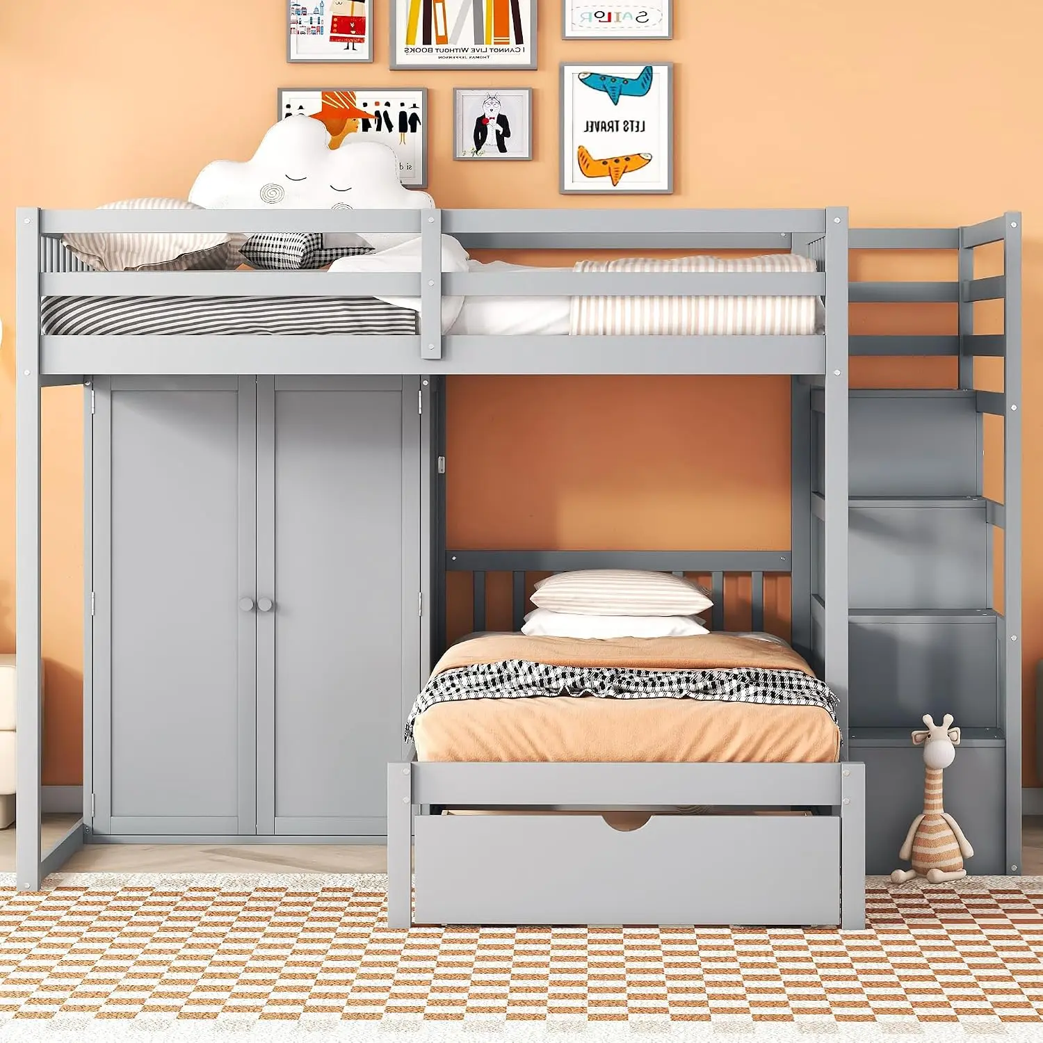 Full Over Twin Bunk Bed With Wardrobe Drawers Shelves Storage Stairs Loft Bed Frame, Gray, Customized