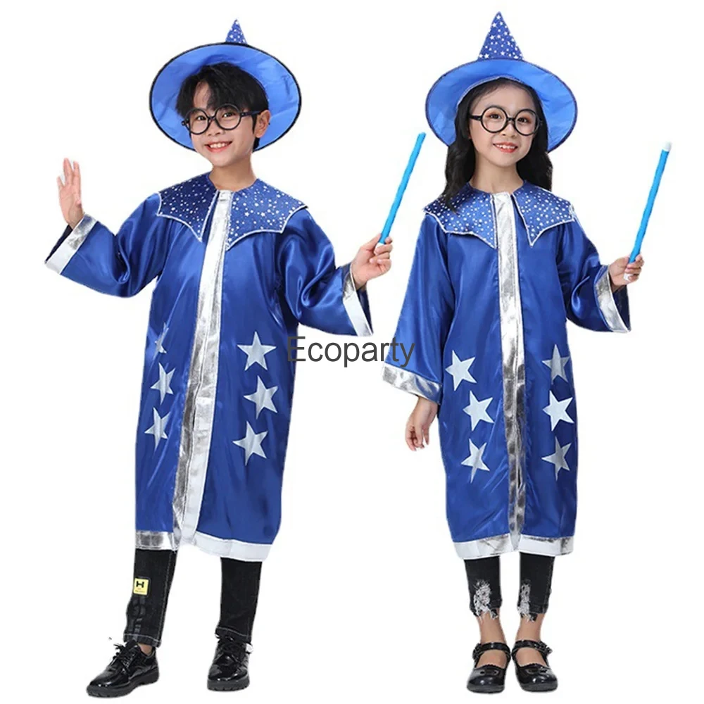 

Halloween Kids Witch Costume Girls Boy Magician Cloak With Hat Blue Magic Cape Children Carnival Party Stage Performance Outfit