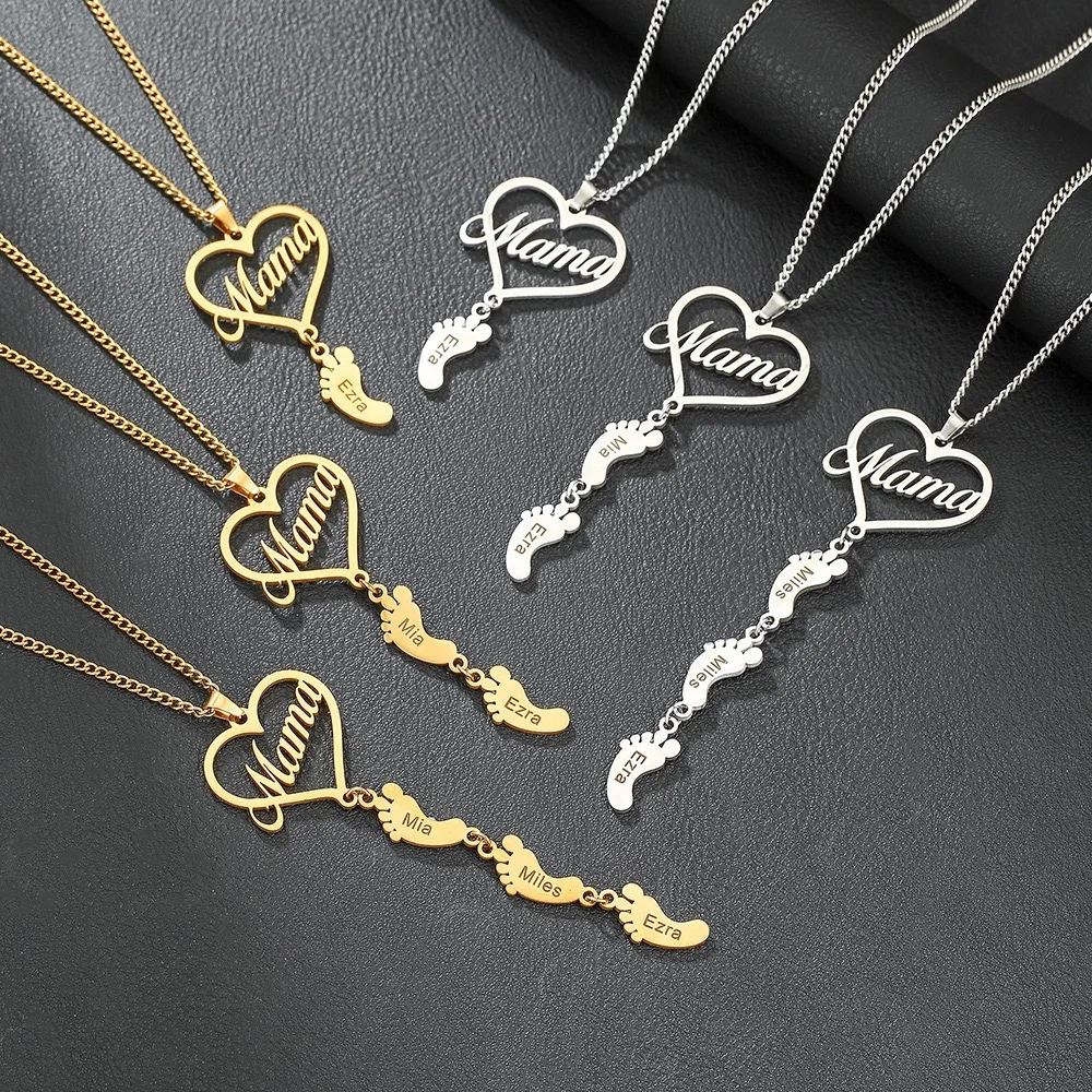Engraved Name Necklace - Custom Name Stainless Steel Heart Footprint