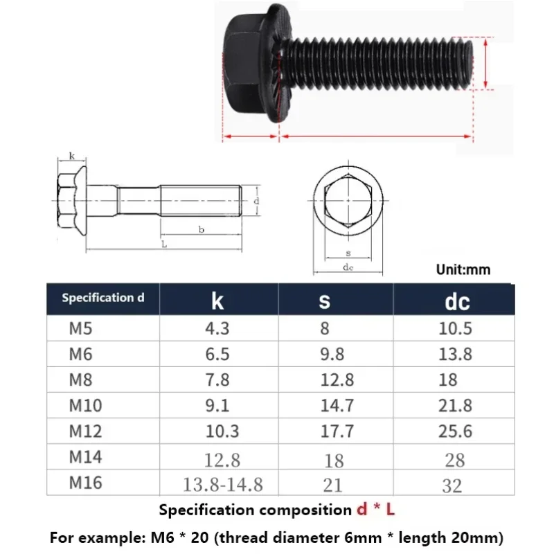 Black Grade 10.9 Carbon Steel Outer Hexagon Head Flange Cap Screws Hexagon Flange Bolt M5 M6 M8 M10 M12 M14 M16