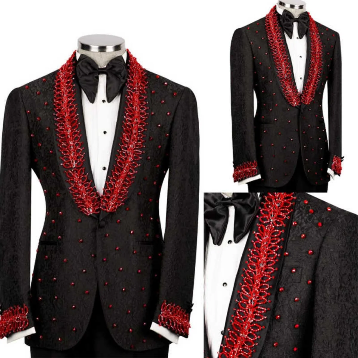 

Jacquard Men Suits 2 Pieces Jacket Pants Peaked Lapel Beading Crystal Wedding Groom Tuxedos Party Customized robe mariage femme