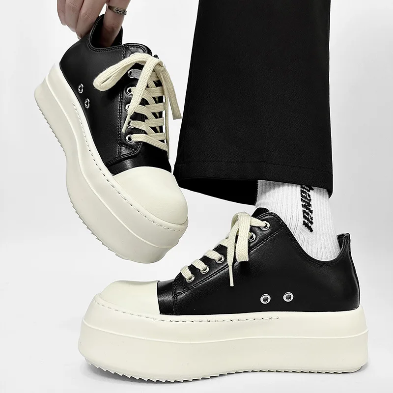 

Men Shoes Casual Canvas Leather Platform Increasing Thick Sole Lace Up Ankle Boots Vintage Luxury Designers Low Sneakers Owens