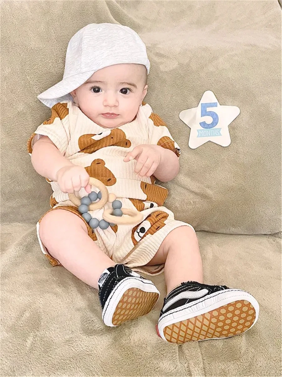 New Summer Toddler Baby Boys Girls Short Sleeve Clothes Set Cute Bears Printed Cotton T-shirt Top and Pants Outfit Set