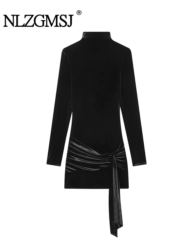 Nlzgmsj vestido de festa feminino de veludo 2025 outono inverno manga longa mock neck fitas franzidas vestido bainha fina curto mini vestido