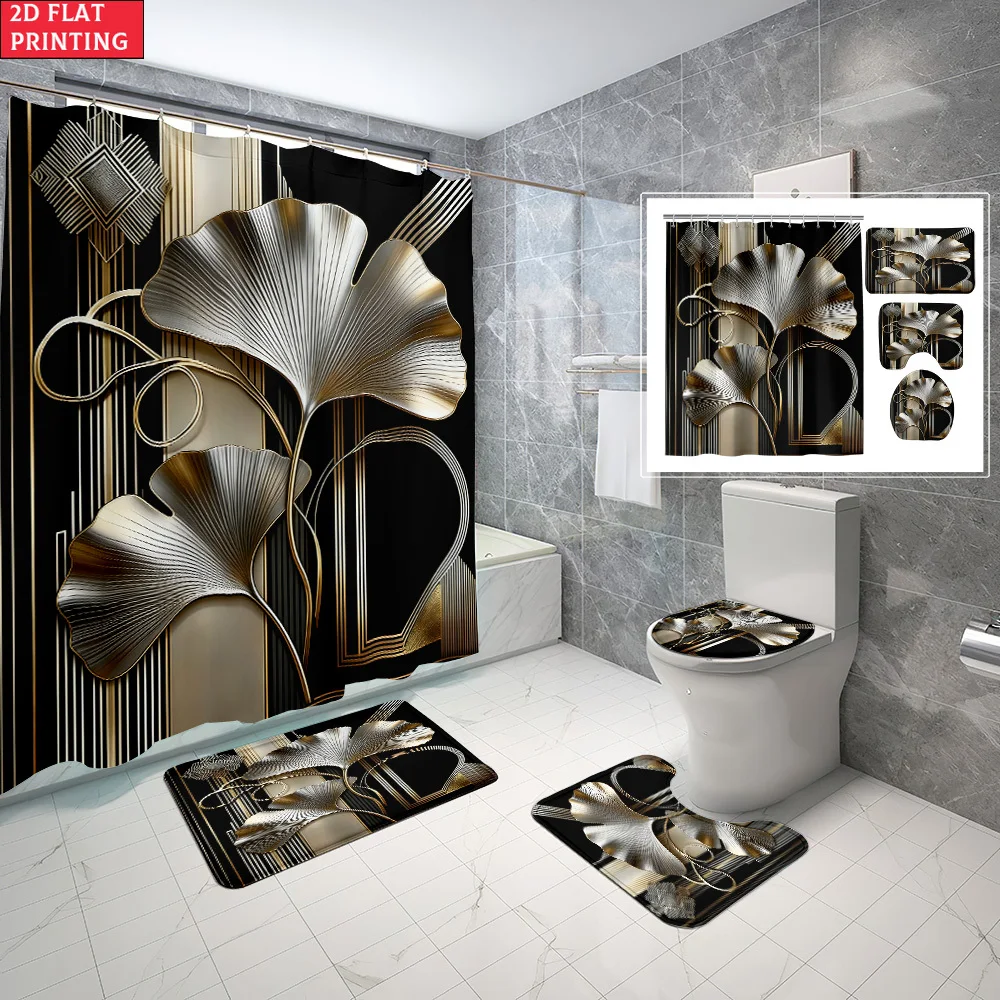

1pc/4pcs Shower Curtain and Bath Mat Set with Golden Ginkgo Leaves And Geometric Lines Pattern Non-Slip Bathroom Decor 12 hooks