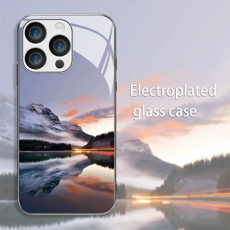 Snow Mountain Lake Light Evening Pattern Electroplated Glass Phone Case, suitable for iPhone 17, 16, 15, 14, 13, 12, 11, etc.
