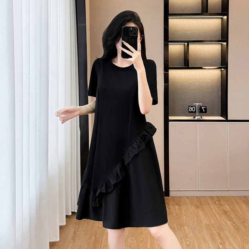 YZJNH 2026 Summer Dress Women's Black Round Neck Dress Women's Loose Splicing Irregular Mushroom Edge Large Size Dress