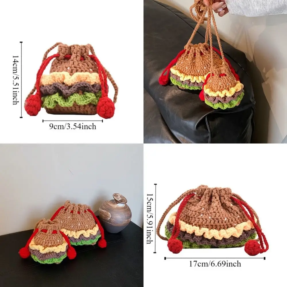 Bolso de hombro de hamburguesa tejido, producto terminado, bonito bolso cruzado de ganchillo, accesorios de estilo, bolsa de almacenamiento de auriculares de dibujos animados