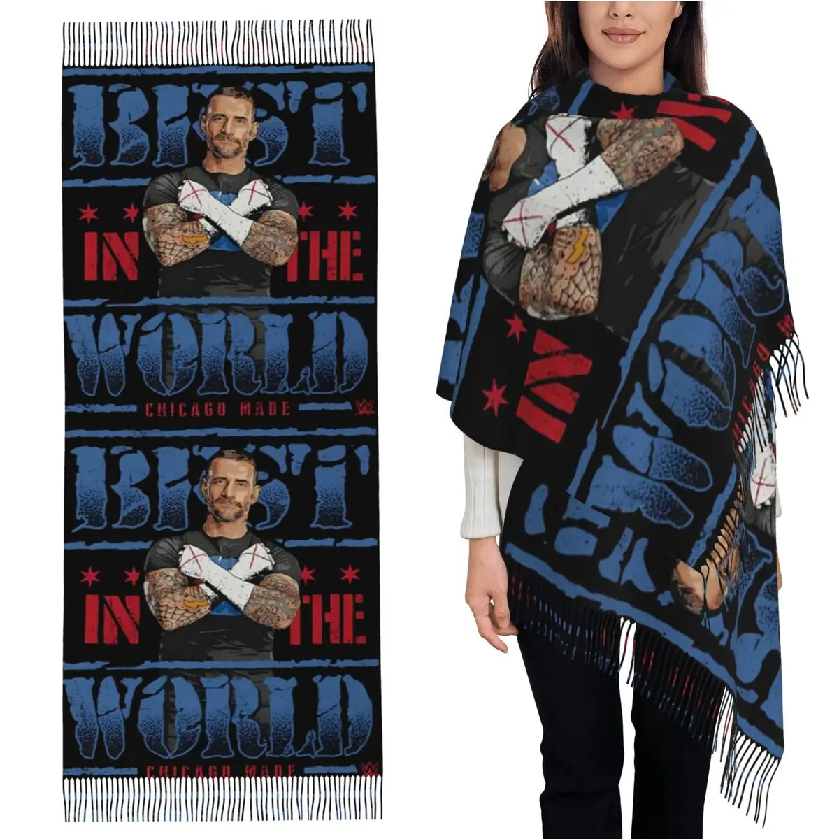

CM Punk WWE In The World Шарф Шарфы с кисточками для женщин Мягкие теплые шали и накидки Большая осенне-зимняя шаль