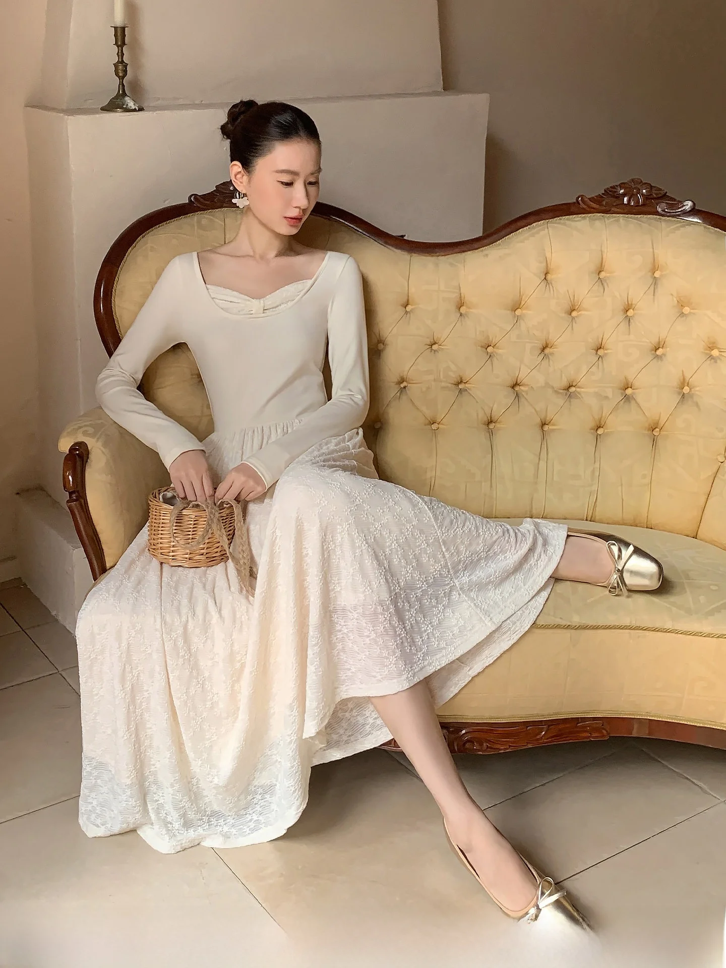 

XXNING Spring 2026 Lace Knitted Dr Women's Ele Waist-Cinching Long Gown French Sle Knot Mid-High Waist