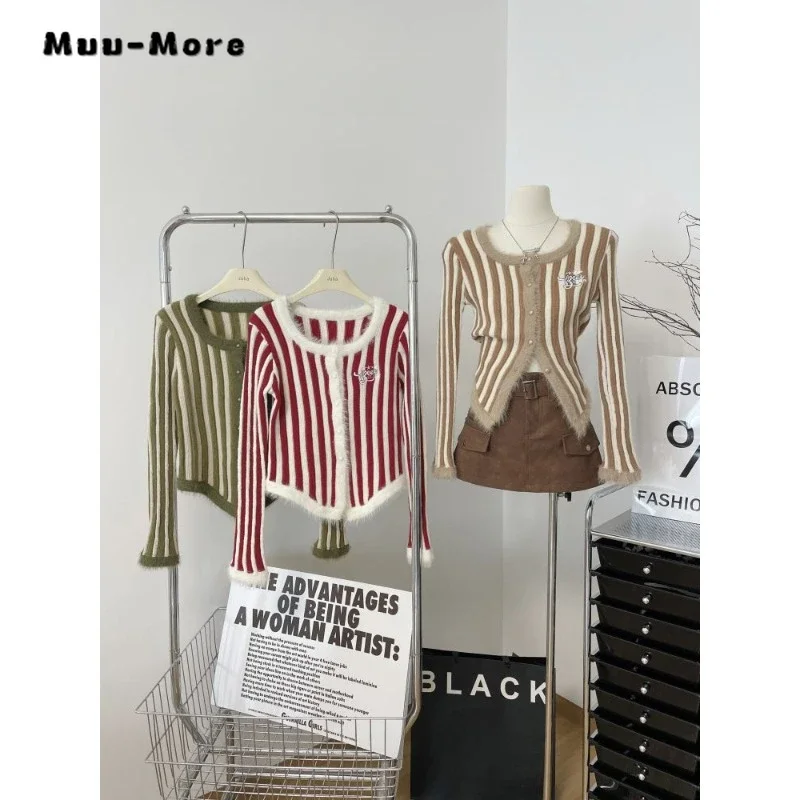 

2023 Winter Hotsweet Striped Knitting Long Sleeve Slim Fit Cardigans Women Casual O-Neck Single Breasted Ladies Sexy Sweater