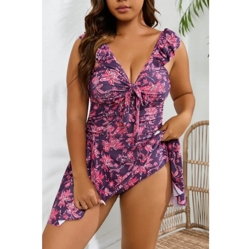 

2024 One Piece Swimsuits Plus Size Women Swim Dress Tankinis Tummy Control V Neck Bathing Suits Padded Swimwear 4XL Monokini