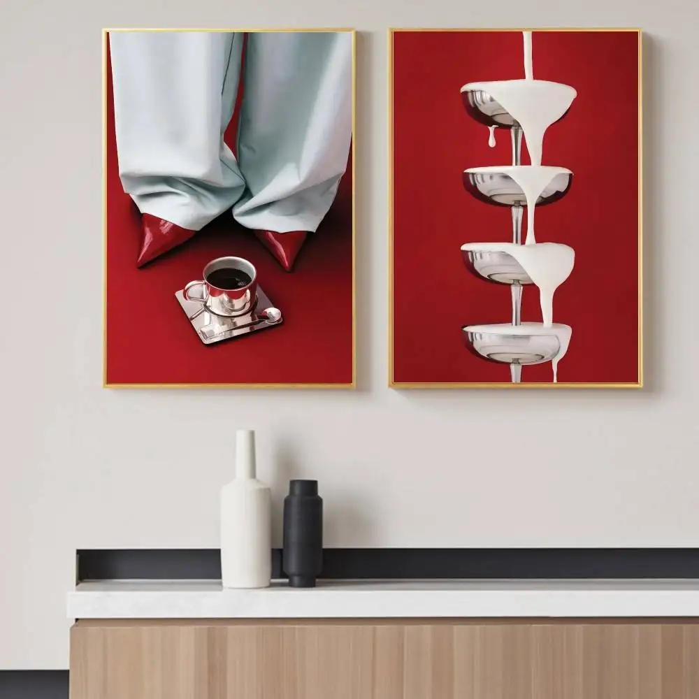 Stylish Minimalist Food & Fashion Art Print, Red Background Coffee & Cocktail Tower Paper Poster, Decor for Apartment